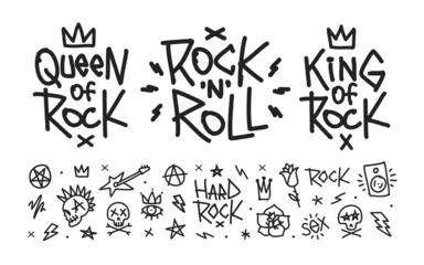 Set of Rock n roll doodle style pattern symbols collection with Punk and tattoo elements isolated on white. Rock music signs for print stump tee and poster design
