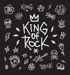 King of Rock vector doodle style icons vector set. Rock'n'Roll music hand lettering style. Fashion print or poster isolated vector. Rock n Roll culture cartoon elements print stamp t-shirt