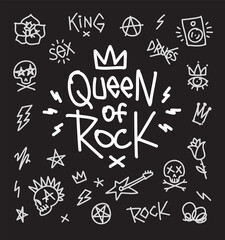 Queen of Rock'n'Roll vector doodle style icons vector set Rock music Creative lettering grunge style. Tattoo and Punk elements fashion print or poster design. Rock n Roll culture  print stamp t-shirt