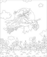 Ominous Halloween witch flying on her magic broom over a small town on a moonlit night, black and white outline vector cartoon illustration for a coloring book page