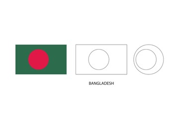 Bangladesh flag 3 versions, Vector illustration, Thin black line of rectangle and the circle on white background.