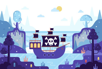 Ship with a pirate flag in the bay - vector cartoon illustration in flat stile