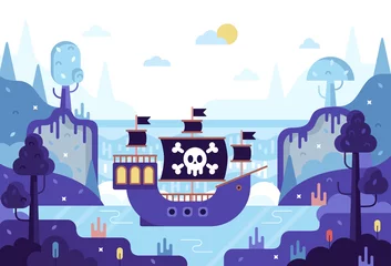 Handdoek met foto Piraten Ship with a pirate flag in the bay - vector cartoon illustration in flat stile  © Анастасия Виноградов