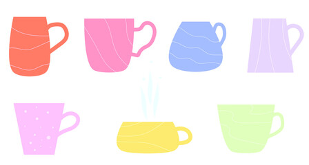 Mugs, cups of different shapes and colors.