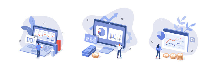 Characters analyzing stock market data and planning investment strategy. People examining financial graphs, charts and diagrams. Stock trading concept. Flat isometric vector illustration and icon set.