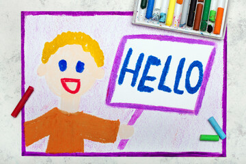 Colorful drawing: smiling boy holding a white sign with word HELLO © czarny_bez