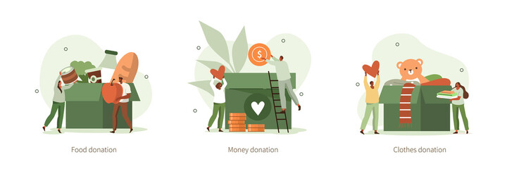 People characters donating for charity. Volunteers collecting and putting money, food and clothes in donation boxes. Charity and financial support concept. Flat cartoon vector illustration isolated.
 - obrazy, fototapety, plakaty