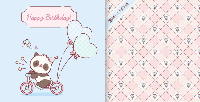 Cute cyclist panda and floral seamless pattern