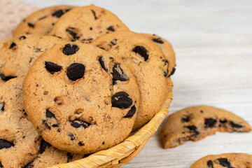 Chocolate chip cookies in a basket. Close-up.