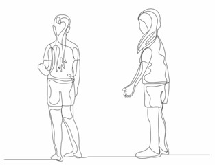 one continuous line drawing,  girl standing with her back