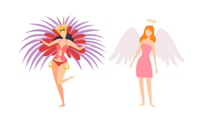 Woman Character Wearing Carnival or Party Garment Vector Illustration Set