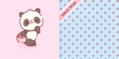 Cute baby panda illustration and hearts seamless pattern © Rafa Velásquez