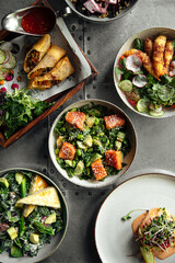 Top view on variety of different gourmet dishes