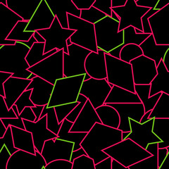 Geometric seamless pattern. Vector repeating geometry background. Outlined pink and green shapes.