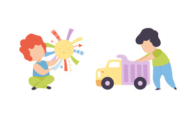 Baby Boy Sitting on the Floor and Playing Toys in Nursery Vector Set