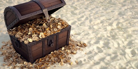 Treasure chest full of coins open on the beach. 