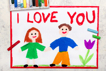 Obraz na płótnie Canvas Colorful drawing: couple in love and inscription I LOVE YOU. Happy relationship..