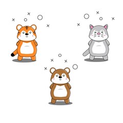tiger bear and cat in cute cartoon style,  can be used for printing on t-shirts, banners, invitations
