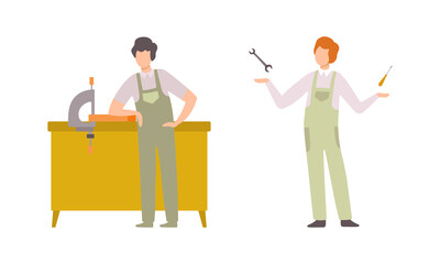 Obraz premium Man Mechanic in Overall Maintaining and Repairing Machinery Vector Set