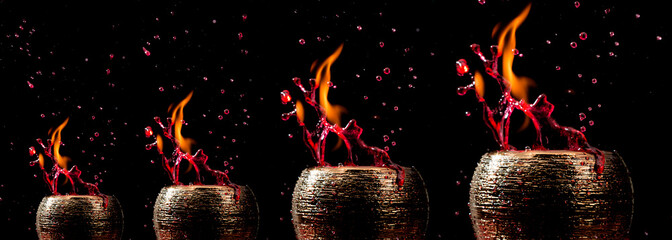Potes dourados de cerâmica saindo fogo e um liquido vermelho de dentro em um fundo preto. 