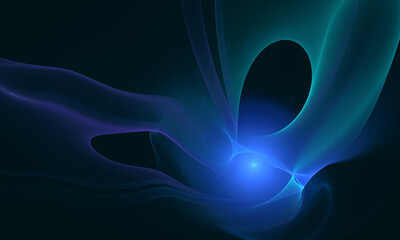 Blue flame in deep dark abyss of space. Phosphorescent tongues rushing and blazing in dynamic motion. Artistic 3d digital illustration. Great as cover, background, print or design element. - 458093357