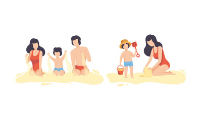 Family at Beach Scene with Father, Mother and Kid Having Fun Playing in Sand Vector Set