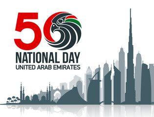 50 UAE National day flat paper style banner with UAE flag. Holiday card for 2 december 1971 - 2021, 50 National day United Arab Emirates Spirit of the union. Design with Dubai and Abu Dhabi silhouette