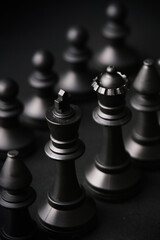 A chess board game. The concept of business ideas: competition and management. Black chess pieces on a dark background