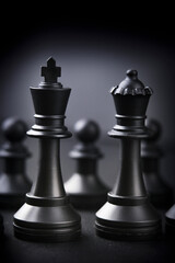 Chess pieces: King and queen close-up. On a dark background. Business concept-partnership, joint decision-making