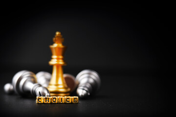 One chess golden piece, remaining against the chess pieces. Strategy, planning and the concept of decision-making, choice. Word-choice. Copy space for your text
