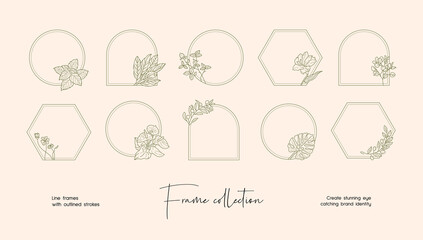 Line art illustration collection of decorative vector frames and wreaths for branding or logo 