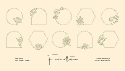 Line art illustration collection of decorative vector frames and wreaths for branding or logo 