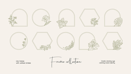 Line art illustration collection of decorative vector frames and wreaths for branding or logo 