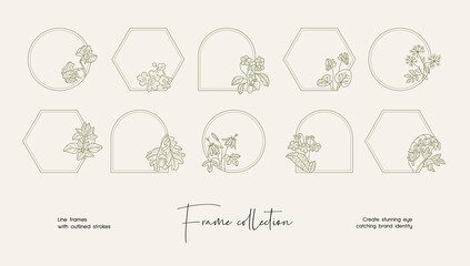 Line art illustration collection of decorative vector frames and wreaths for branding or logo 