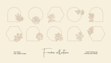 Line art illustration collection of decorative vector frames and wreaths for branding or logo 