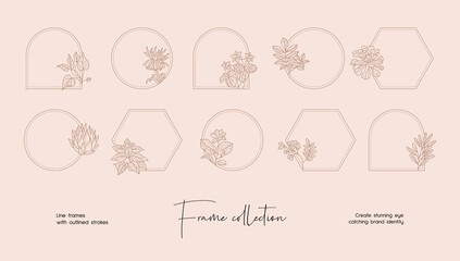 Line art illustration collection of decorative vector frames and wreaths for branding or logo 