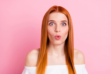 Photo of amazed shocked happy young woman sale discount news reaction isolated on pink color background
