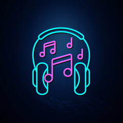 Headphones and music note icon in neon color look clear. Neon line icon. Entertainment and karaoke musical icon. Neon icon.