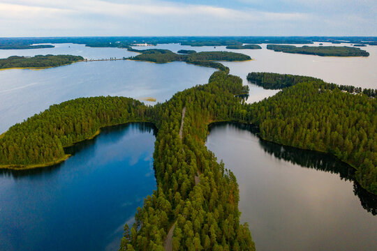 Aerial view of islands, lake and forest in Punkaharju, Finland
