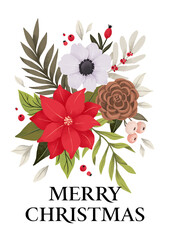 Watercolor Christmas card with poinsettia, green branches, cotton, red berries, eucalyptus. Winter poster with lettering - Merry Christmas. Perfect for invitations, cards, posters, prints