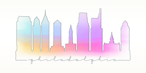 Philadelphia, PA, USA Skyline Watercolor City Illustration. Famous Buildings Silhouette Hand Drawn Doodle Art. Vector Landmark Sketch Drawing.