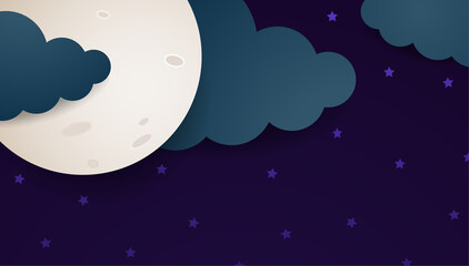 Night. Vector illustration in paper cut style with copy space. Clouds and glowing moon on deep purple backdrop with shining stars