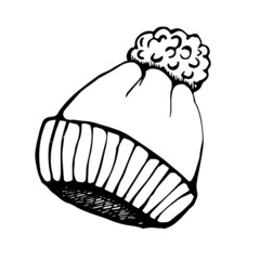 Hat in black outline. The winter hat is drawn with black lines. Knitted doodle hat. Black and white illustration. Winter clothes.
