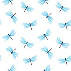 Fototapeta na wymiar Seamless pattern with blue dragonflies on a white background. Delicate pastel pattern with insects. Raster watercolor illustrations in a realistic style, hand drawing. Pastel print for textiles