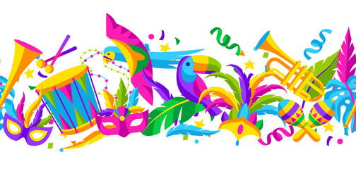 Carnival party seamless pattern with celebration icons, objects and decor. Mardi Gras background for traditional holiday. © incomible