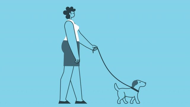 Cartoon woman walking with a pet dog. Lifestyle concept. Flat Design 2d Character Isolated Loop Animation with Alpha Channel