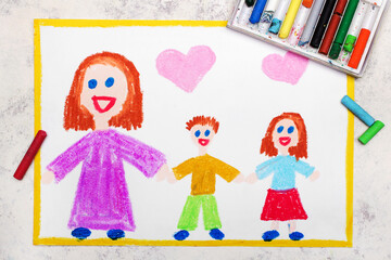 Colorful drawing: Mothers day card. Smiling family with mother and her two kids: daughter and son. Single parenting.