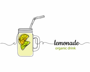 Continuous one line drawing of lemonade organic drink in silhouette on a white background. Linear stylized.Minimalist.