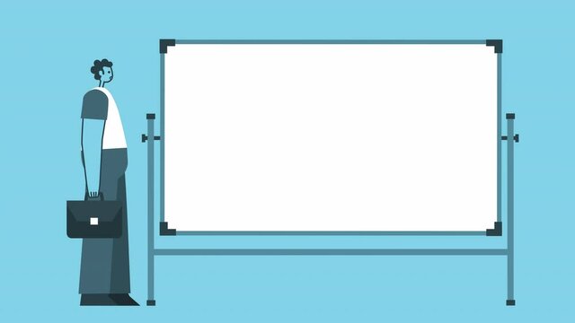 Flat Man with Briefcase Talking Near White Board. Flat Design 2d Character Isolated Loop Animation with Alpha Matte