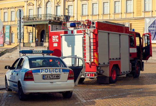 Firefighter and police car located in front of National gallery of art during the protest against government in Sofia